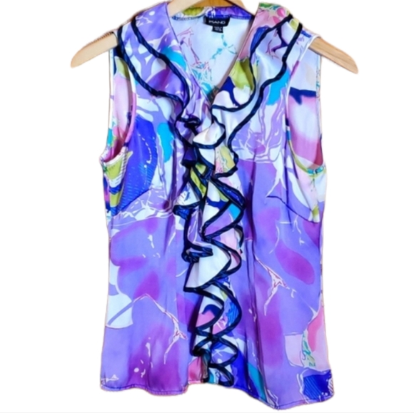 PIANO Tops - PIANO M SEMI SHEER PURPLE MULTI FITTED SCARF RUFFLED COLLAR TOP